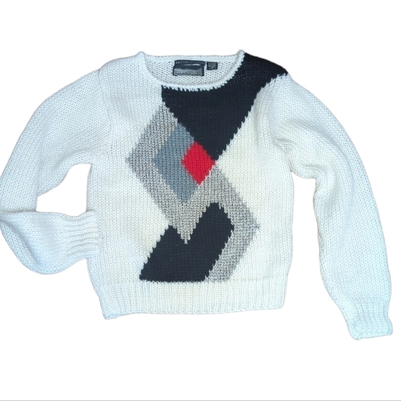Vtg 80s Hand knit Bramble Lane geometric Chunky pattern white/black sweater Sz S - Picture 7 of 10
